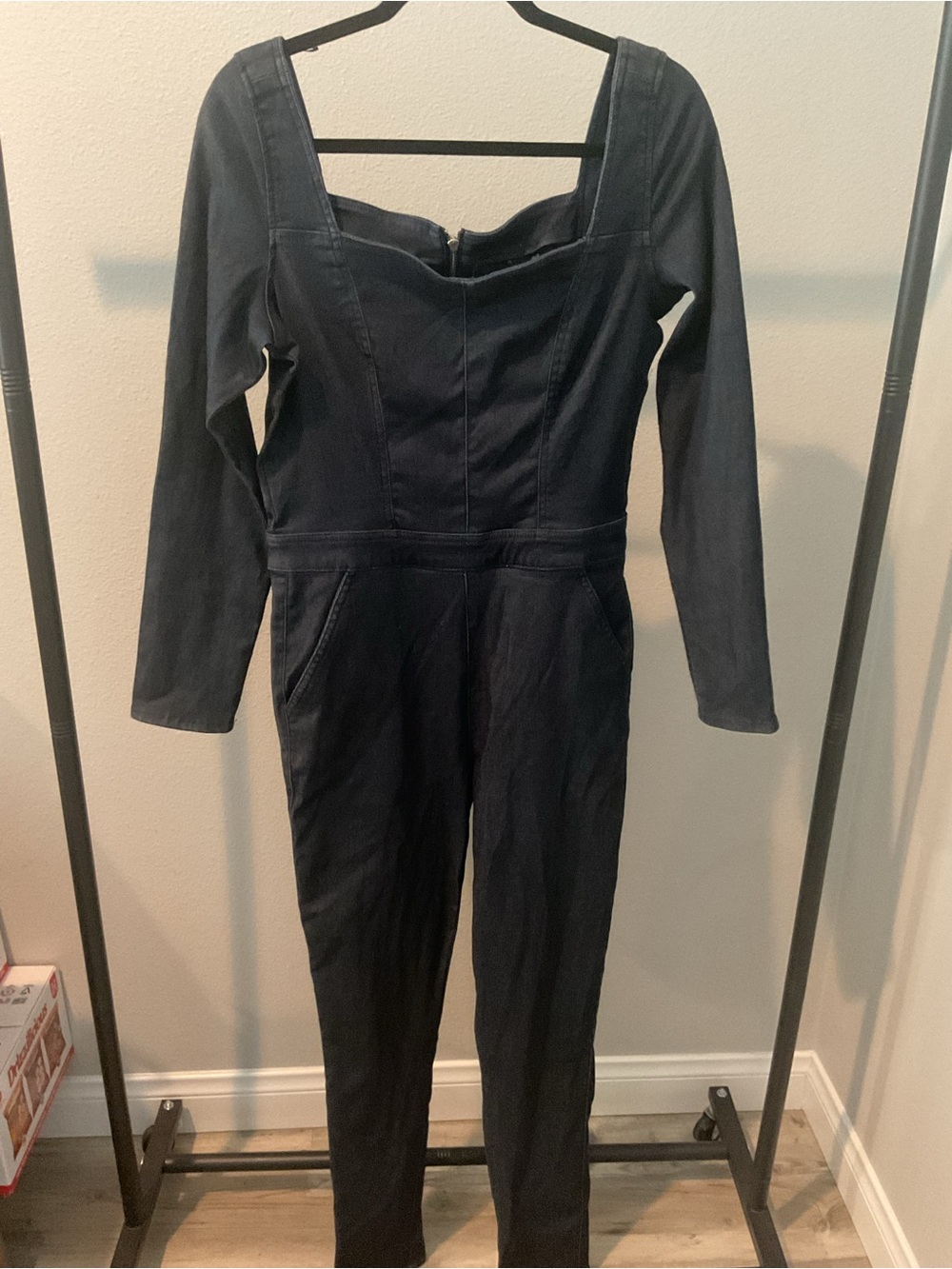 Guess Dark Navy Long-Sleeve Denim Jumpsuit